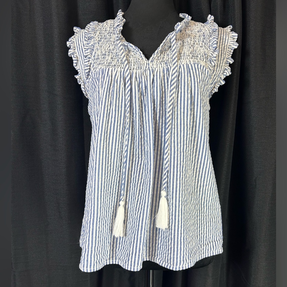 JOIE Cotton Seersucker Summer Coastal Quiet Luxury Blue White Blouse Medium t14